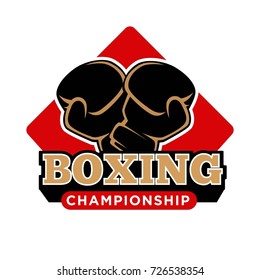 Boxing championship promotional emblem with crossed sport gloves