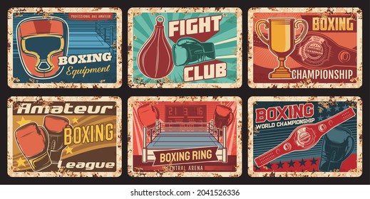 Boxing championship, sport equipment shop rusty metal plates. Boxing gloves and headgear, punching bag, champion cup and belt, ring vector. Fight club, amateur sport league retro banners svg