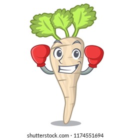 Boxing character parsnip root with leaf cartoon
