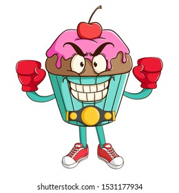 boxing chocolate cupcake cartoon character win the championship with funny smile face