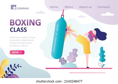 Boxing Class, Landing Page Template. Female Character Practicing Punches On Punching Bag. Athletic Woman Practicing Kicks Before Fight. Sporty Girl Engaged In Physical Activity. Vector Illustration