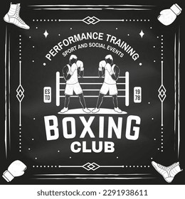 Boxing club badge, logo design on chalkboard. Vector illustration. For Boxing sport club emblem, sign, patch, shirt, template. Vintage monochrome label, sticker with Boxer Silhouette.