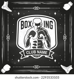 Boxing club badge, logo design on chalkboard. Vector illustration. For Boxing sport club emblem, sign, patch, shirt, template. Vintage monochrome label, sticker with Boxer Silhouette.