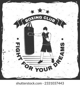 Banda del club de boxeo, diseño del logo. Ilustración vectorial. Para emblema del club deportivo de boxeo, signo, parche, camisa, plantilla. Etiqueta monocroma vintage, pegatina con Silhouette Boxer.