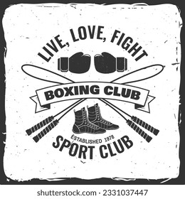 Boxing club badge, logo design. Vector illustration. For Boxing sport club emblem, sign, patch, shirt, template. Vintage monochrome label, sticker with with boxing jump rope, gloves and boxing shoes