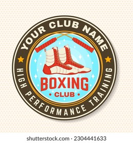 Boxing club badge, logo, patch design. Vector illustration. For Boxing sport club emblem, sign, shirt, template. Vintage retro patch, label, sticker with with boxing jump rope and boxing shoes