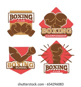 Boxing club or boxer school championship vector icons labels set