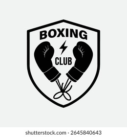 Boxing Club Emblem with Gloves and Lightning Bolt – Monochrome Sports Logo Vector