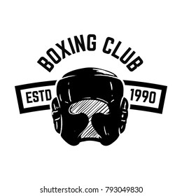 Boxing club. Emblem with boxing hand drawn boxing helmet. Design element for logo, label, emblem, sign. Vector illustration