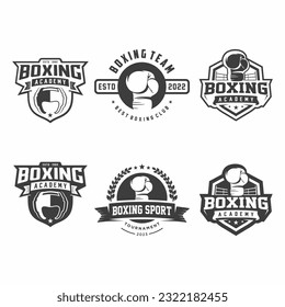 Juego de emblemas de club de boxeo, torneo, diseño de logo de boxeo, vector de guantes de boxeo sobre fondo blanco