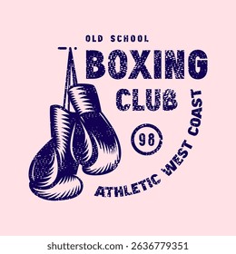 Boxing club emblem for t-shirt. Graphic design with rough texture. Blue print on pink background