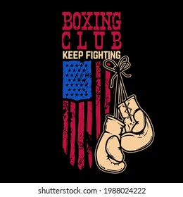 Boxing club. Boxing gloves on american flag background. Design element for poster, card, t-shirt print, banner. Vector illustration