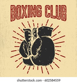 Boxing club. Hand drawn boxing gloves on grunge background Design element for poster, emblem, badge. Vector illustration