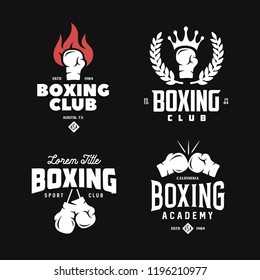 Boxing club labels emblems badges set. Boxing related design elements for prints, logos, posters. Vector vintage illustration.