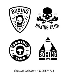 Boxing club labels emblems badges set. Boxing related design elements for prints, logos, posters. Vector vintage illustration.