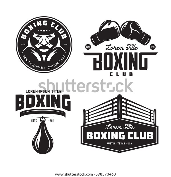 Boxing club labels emblems badges set.
Boxing related design elements for prints, logos, posters. Vector
vintage illustration.
