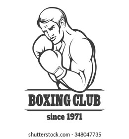 Boxing Club Logo or Emblem. A man in in boxing gloves in fighting position. Isolated on white. Free font used.