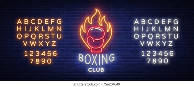 Boxing club logo in neon style, vector illustration. Emblem, neon sign, symbol for a sports facility on the topic of boxing. Neon banner, bright nightlife advertisement. Editing text neon sign.