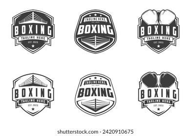 Etiquetas de logotipos de club de boxeo conjunto de emblemas, logotipo de boxeo, colección de conjuntos de emblemas, plantilla de diseño