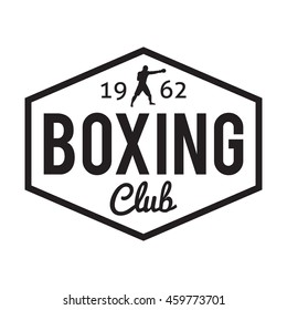 Boxing club and martial arts logo badge sport label in vintage fit style with lighting rays and boxer. Vector illustration. Boxing sport sign