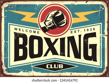 Boxing club retro tin sign template design. Sport and recreation promotional poster. Vector illustration.