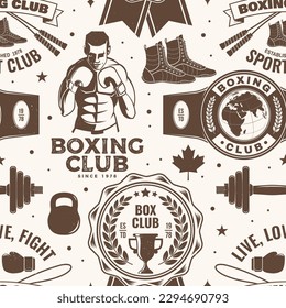 El club de boxeo es un modelo sin fisuras. Vector. Antecedentes con emblema del club deportivo de boxeo, signo, parche. Concepto de fondo o papel de pared con Boxer, guantes, cuerda de salto de boxeo y silueta de zapatos