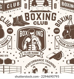 Boxing club seamless pattern. Vector. Background with Boxing sport club emblem, sign, patch. Concept for background or wallpaper with Boxer, gloves, boxing jump rope and shoes silhouette