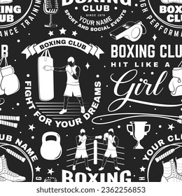 Boxing club seamless pattern. Vector. Background with Boxing sport club emblem, sign, patch. Concept for background or wallpaper with Boxer, gloves, boxing jump rope and shoes silhouette