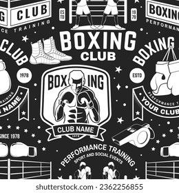 El club de boxeo es un modelo sin fisuras. Vector. Antecedentes con emblema del club deportivo de boxeo, signo, parche. Concepto de fondo o papel de pared con Boxer, guantes, cuerda de salto de boxeo y silueta de zapatos