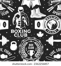 Boxing club seamless pattern. Vector. Background with Boxing sport club emblem, sign, patch. Concept for background or wallpaper with Boxer, gloves, boxing jump rope and shoes silhouette