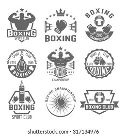 Boxing club set of vector monochrome labels, badges, emblems and logos isolated on white background, boxing championship emblems svg