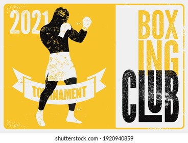 Boxing Club Tournament typographical vintage grunge style poster design with boxer silhouette. Retro vector illustration.