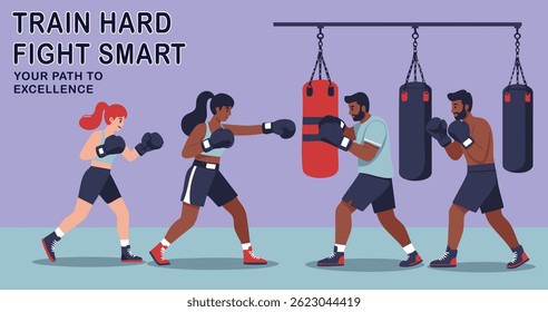 Boxing Club Training with Punching Bags. Workout Class Vector Design.