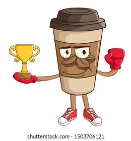 boxing coffee paper cup cartoon character win the championship with trophy and funny smile face