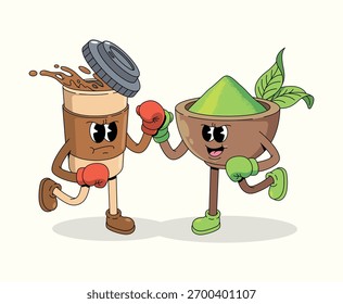 Boxeo café vs Matcha personaje Groovy ilustración de dibujos animados