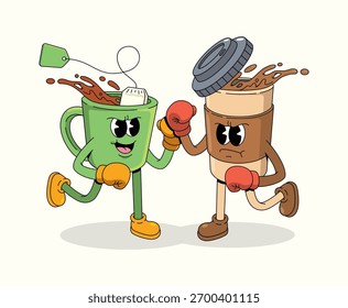 Boxeo café vs té personaje Groovy ilustración de dibujos animados