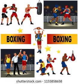 Boxing colorful set consist of boxers fighting in ring man with punching bag referee announces victory professional sportsman with champion's belts.