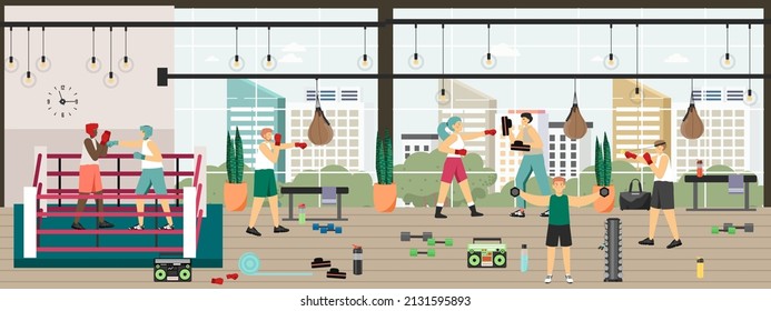Boxing combat sport scene set. Boxers training, fighting. Boxing match in fight ring, gym workout, vector illustration.
