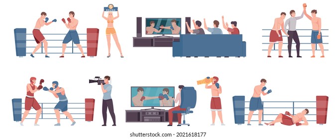 Boxing competition flat compositions with cameraman films struggle of athletes and fans watching match on tv vector illustration