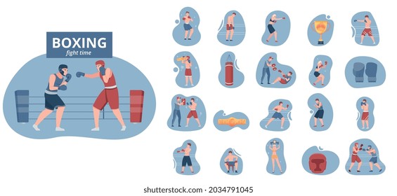 Boxing compositions flat set of male and female sportsmen characters trainers gloves punching bag isolated vector illustration
