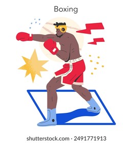 boxing concept. Dynamic illustration of a boxer in a fighting stance ready to strike with focus and determination. Vector illustration.