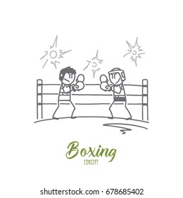 Boxing concept. Hand drawn box fighters training. Boxers at ring isolated vector illustration.