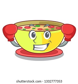 Boxing corn chowder in a cartoon bowl