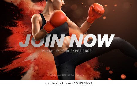 Boxing course ads with woman boxer kicks high in 3d illustration, powder explosion effect