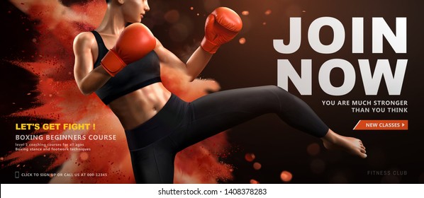 Boxing course banner with woman boxer kicks high in 3d illustration, powder explosion effect