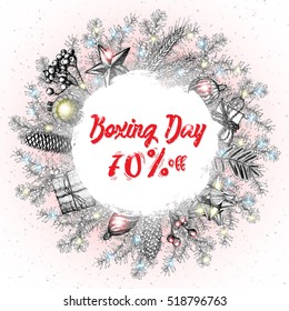 Boxing day 70 percent off  Christmas and New Year sale offer calligraphy. Handwritten modern brush lettering. Hand drawn holiday design elements. Vector.
