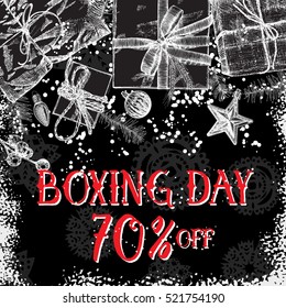Boxing day 70 percent off  Christmas and New Year sale offer calligraphy. Handwritten modern brush lettering. Hand drawn holiday design elements. Vector.