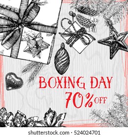 Boxing day 70 percent off  Christmas and New Year sale offer calligraphy. Handwritten modern brush lettering. Hand drawn holiday design elements. Vector.