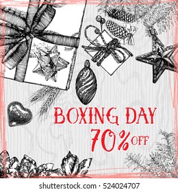 Boxing day 70 percent off Christmas Sale marketing template. Calligraphy on holiday background. Vector.