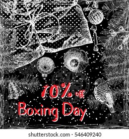 Boxing Day 70 percent off, text design with hand drawn  typography and holiday frame on black background. For  banner, greeting card, gifts and shopping.